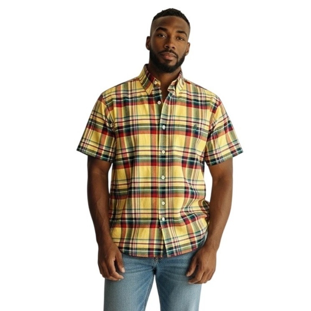 POLO Ralph Lauren Madras Plaid Short Sleeve Button Shirt XL Yellow Prep Classic